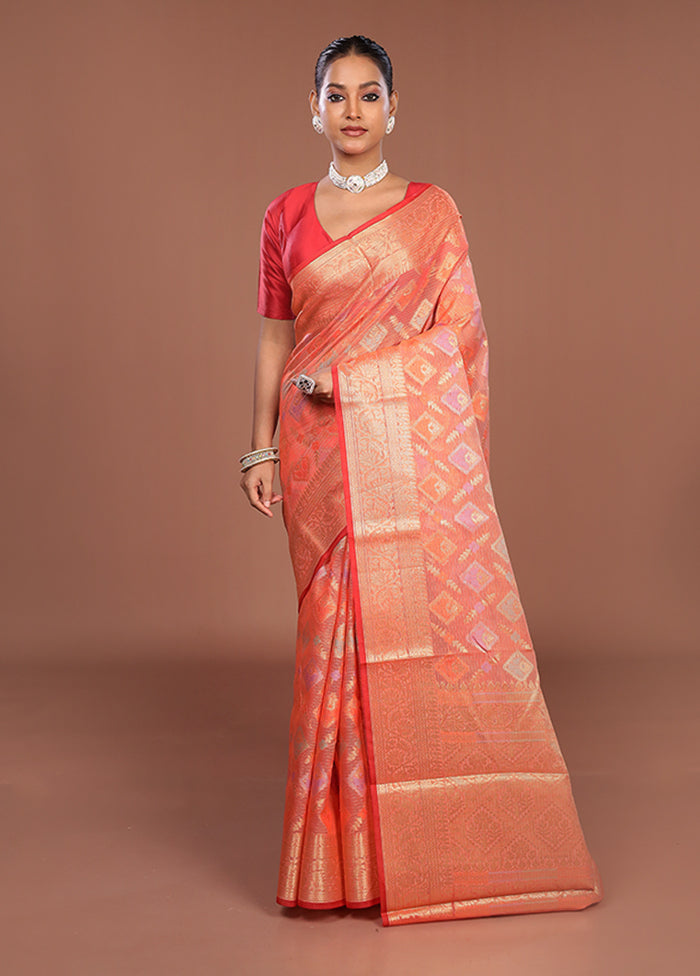 Peach Cotton Saree With Blouse Piece