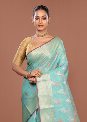 Green Cotton Saree With Blouse Piece