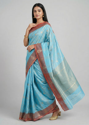 Blue Kora Silk Saree With Blouse Piece