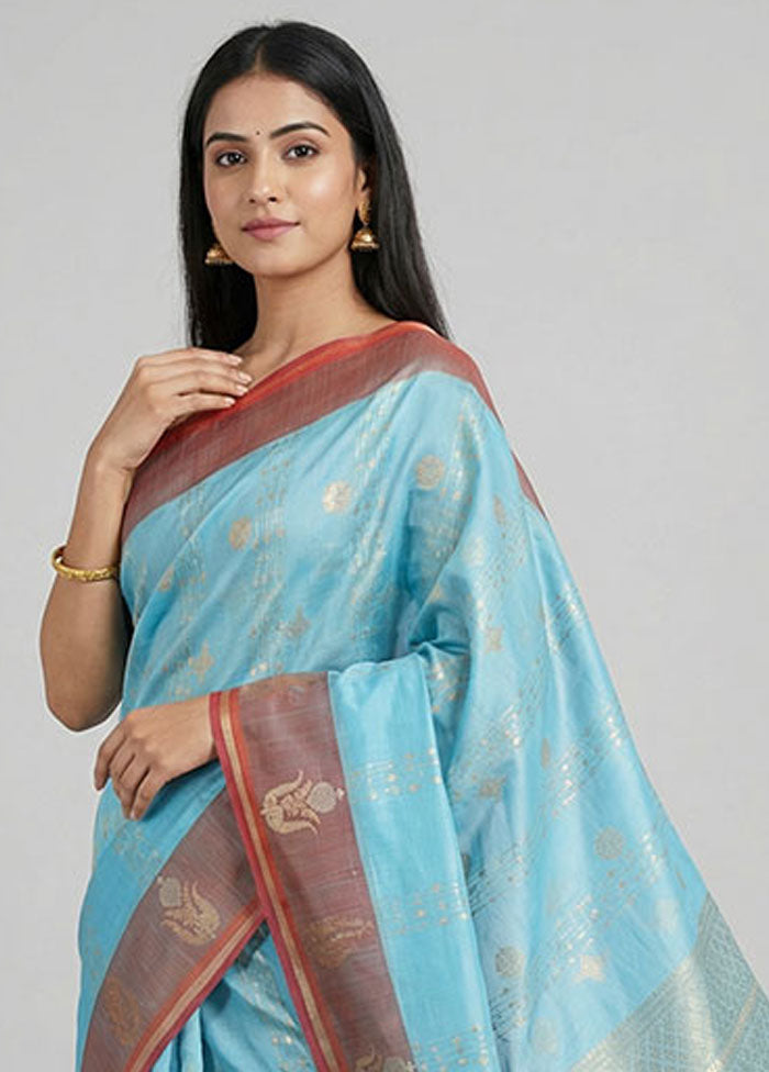 Blue Kora Silk Saree With Blouse Piece