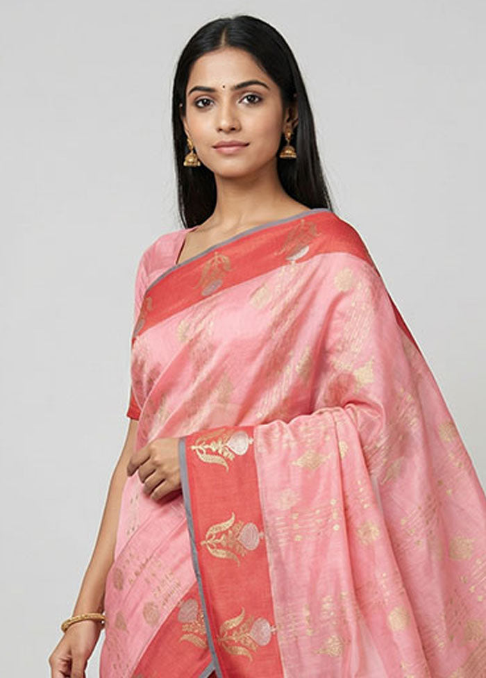 Pink Kora Silk Saree With Blouse Piece