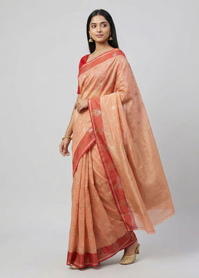 Peach Kora Silk Saree With Blouse Piece