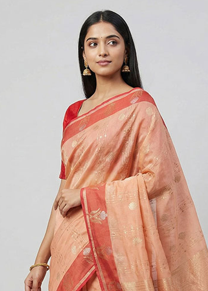 Peach Kora Silk Saree With Blouse Piece