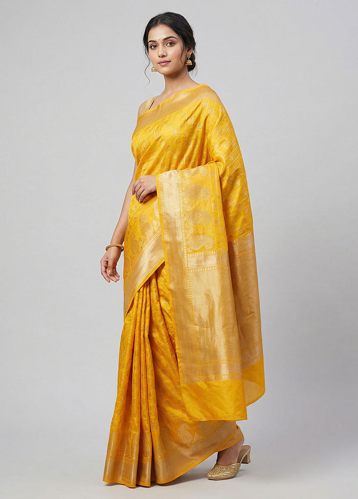 Yellow Kora Silk Saree With Blouse Piece