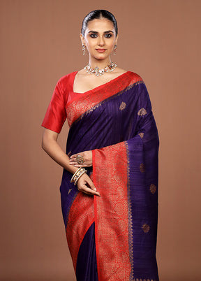 Blue Handloom Tussar Pure Silk Saree With Blouse Piece