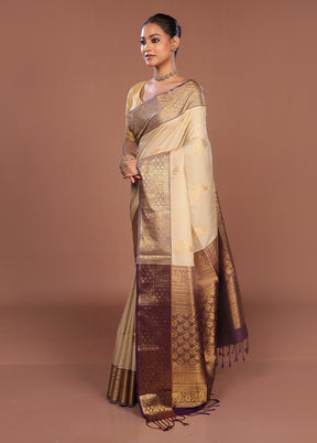 Cream Kanjivaram Silk Saree With Blouse Piece