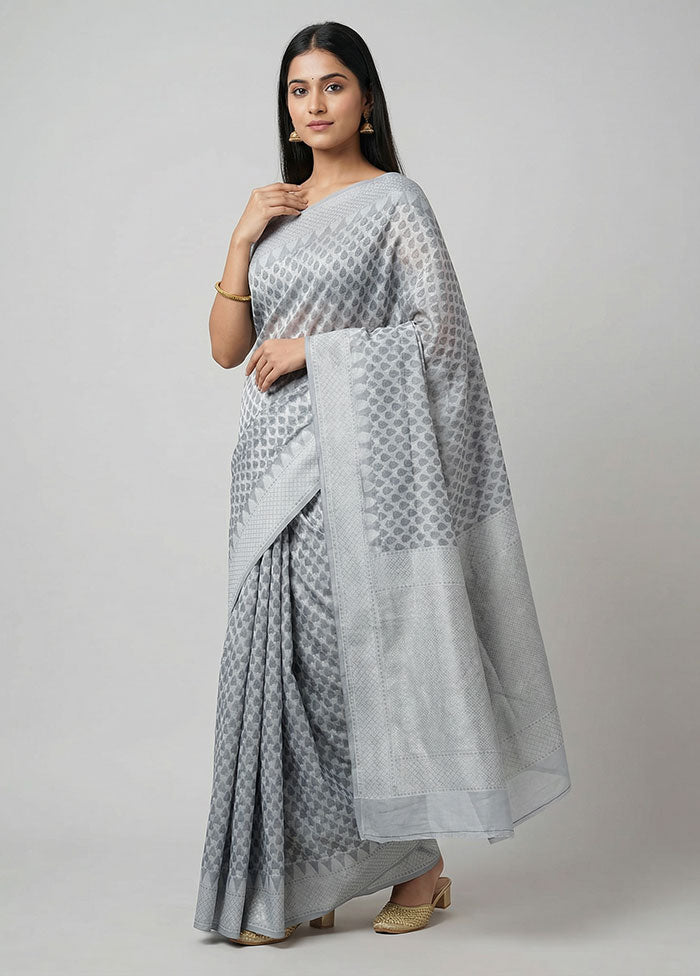 Grey Cotton Saree With Blouse Piece