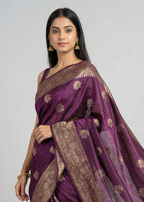 Purple Handloom Tussar Pure Silk Saree With Blouse Piece