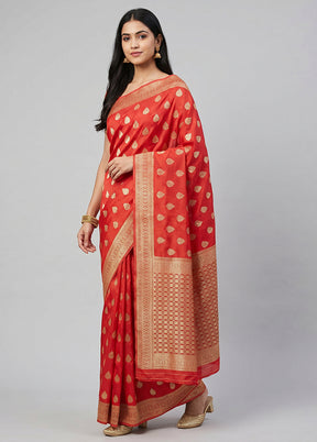 Red Dupion Silk Saree With Blouse Piece