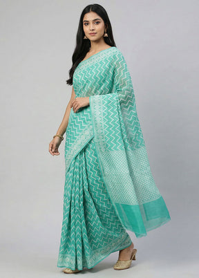 Green Cotton Saree With Blouse Piece
