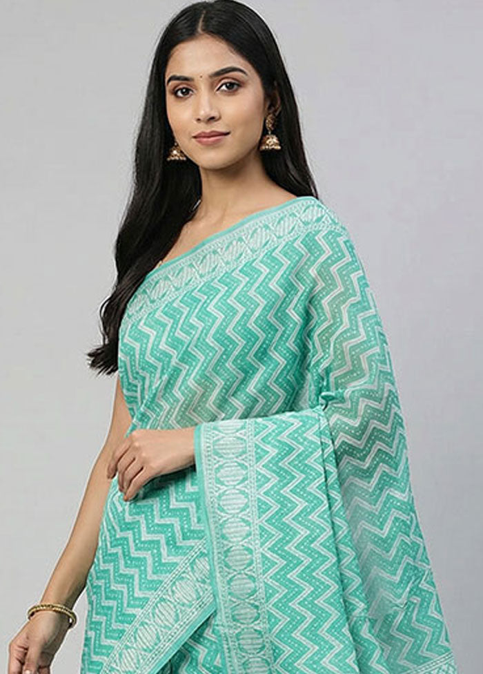 Green Cotton Saree With Blouse Piece