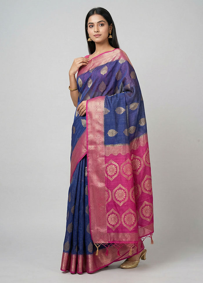Blue Dupion Silk Saree With Blouse Piece