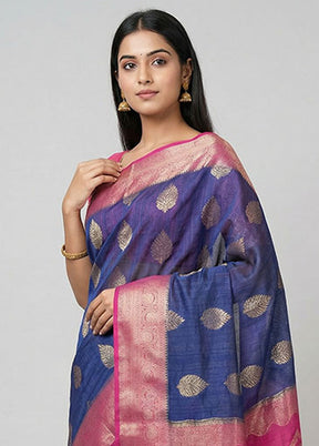 Blue Dupion Silk Saree With Blouse Piece