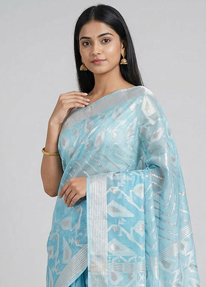 Blue Organza Saree With Blouse Piece