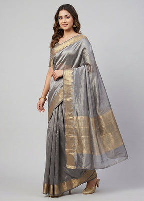 Grey Handloom Tissue Pure Silk Saree With Blouse Piece