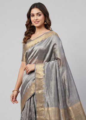Grey Handloom Tissue Pure Silk Saree With Blouse Piece