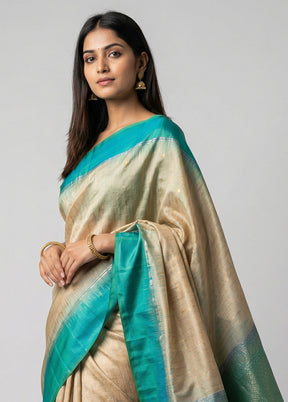 Cream Handloom Kanjivaram Pure Silk Saree With Blouse Piece