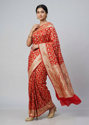 Red Handloom Banarasi Pure Silk Saree With Blouse Piece