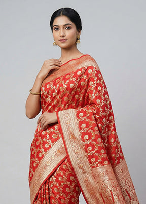 Red Handloom Banarasi Pure Silk Saree With Blouse Piece