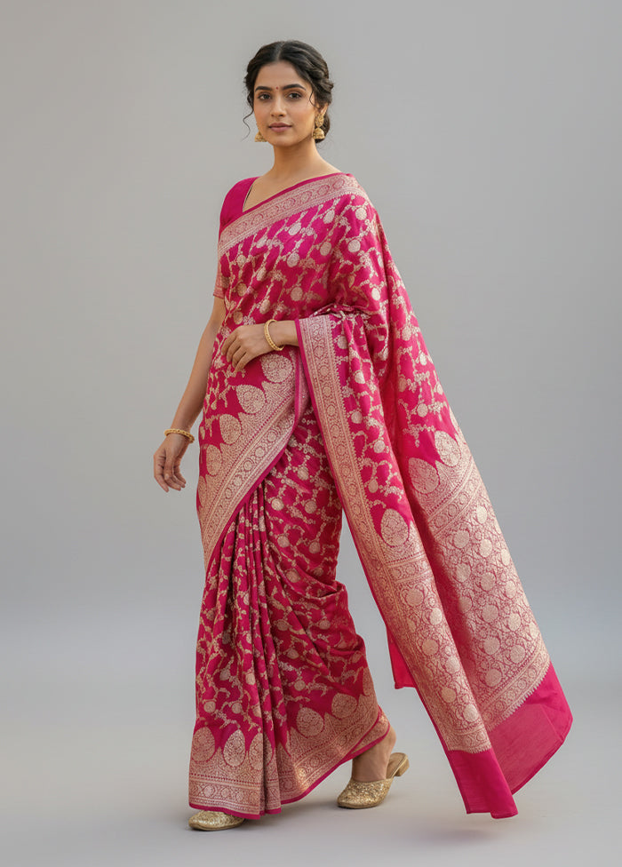 Pink Handloom Banarasi Pure Silk Saree With Blouse Piece