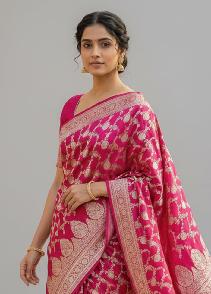 Pink Handloom Banarasi Pure Silk Saree With Blouse Piece