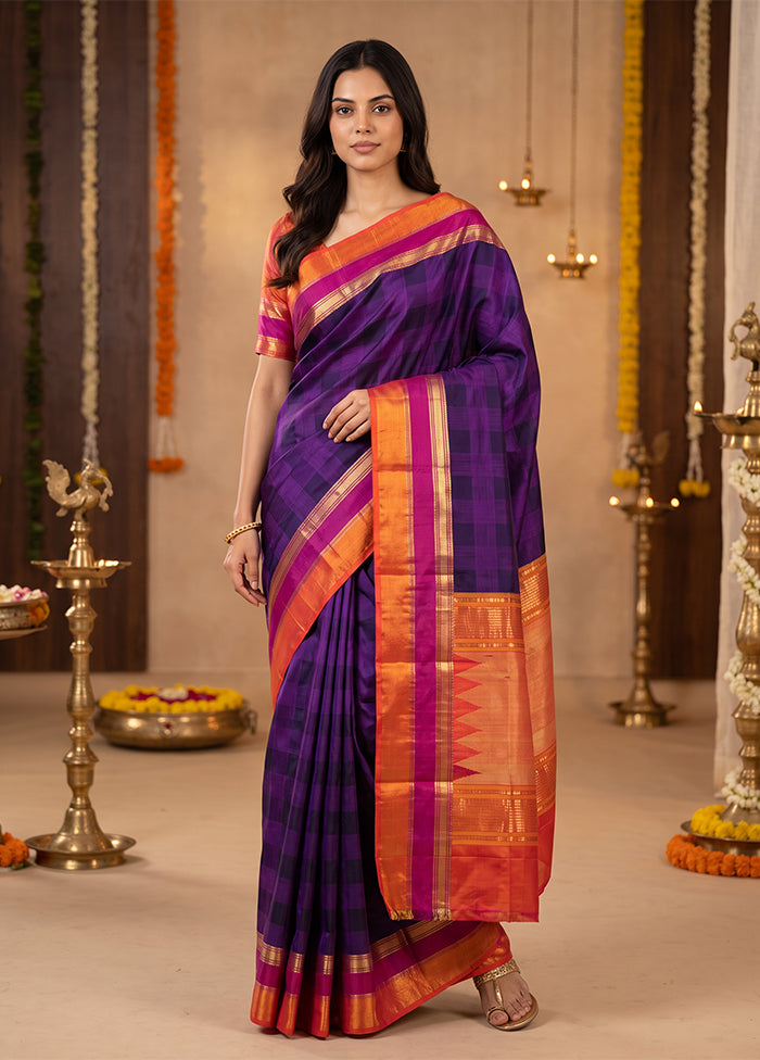 Blue Handloom Kanchipuram Pure Silk Saree With Blouse Piece