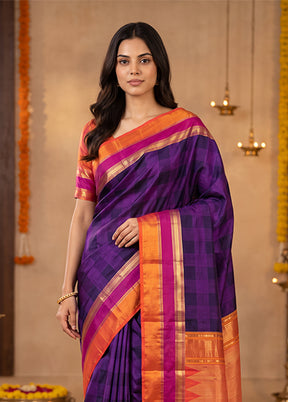 Blue Handloom Kanchipuram Pure Silk Saree With Blouse Piece