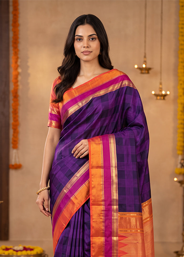 Blue Handloom Kanchipuram Pure Silk Saree With Blouse Piece
