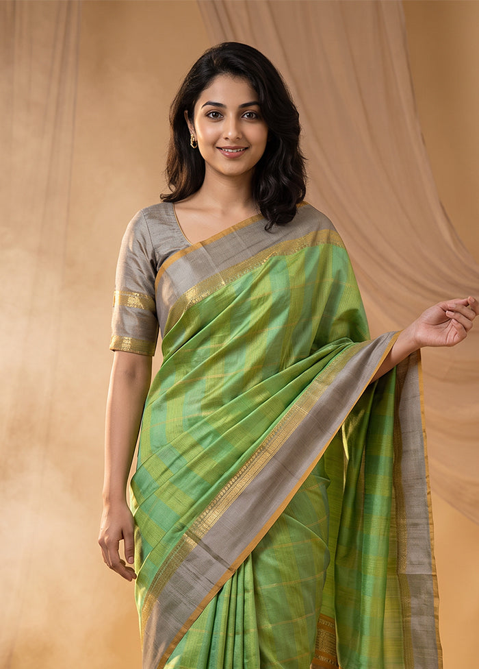 Green Handloom Kanchipuram Pure Silk Saree With Blouse Piece