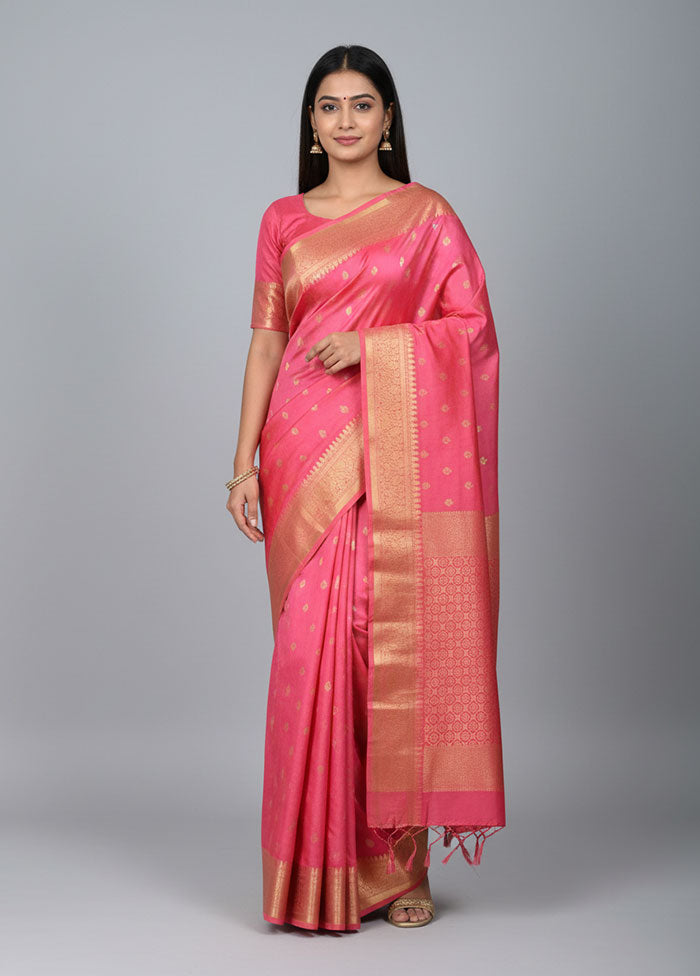 Pink Handloom Kanjivaram Pure Silk Saree With Blouse Piece