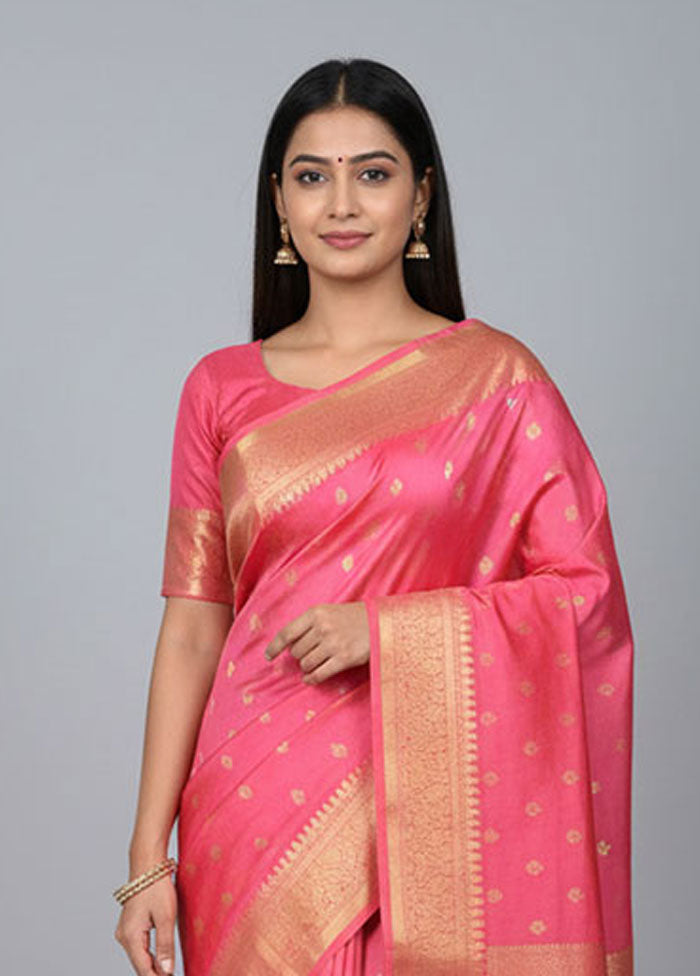 Pink Handloom Kanjivaram Pure Silk Saree With Blouse Piece