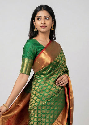 Green Handloom Kanchipuram Pure Silk Saree With Blouse Piece
