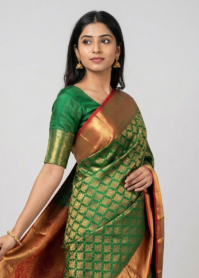 Green Handloom Kanchipuram Pure Silk Saree With Blouse Piece
