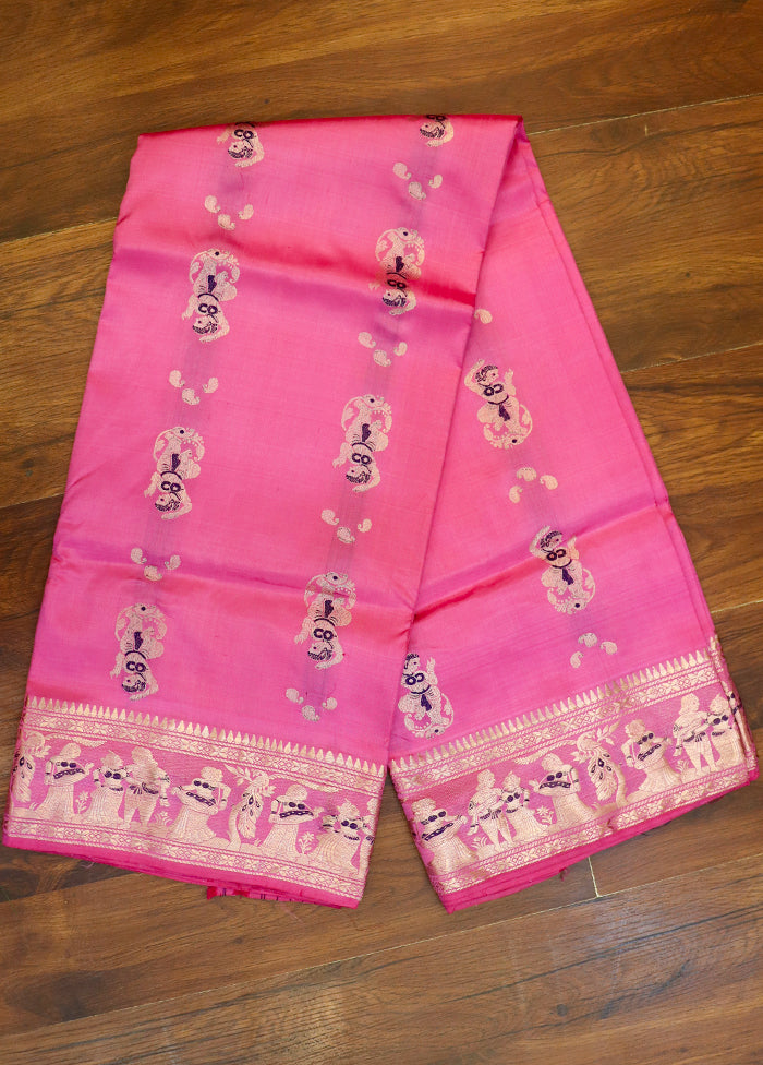 Pink Handloom Baluchari Pure Silk Saree With Blouse Piece
