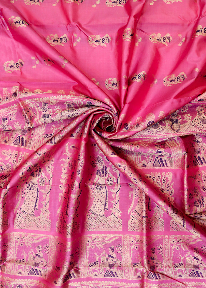 Pink Handloom Baluchari Pure Silk Saree With Blouse Piece