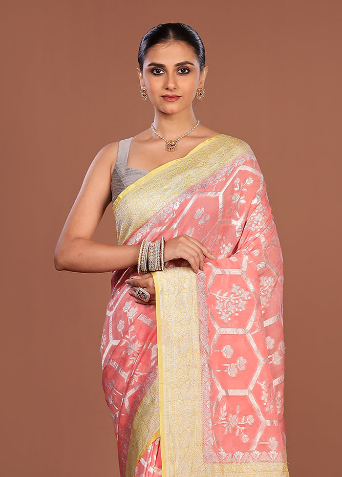Pink Handloom Pure Georgette Saree With Blouse Piece