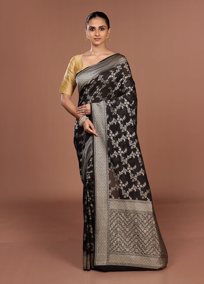 Black Handloom Pure Georgette Saree With Blouse Piece