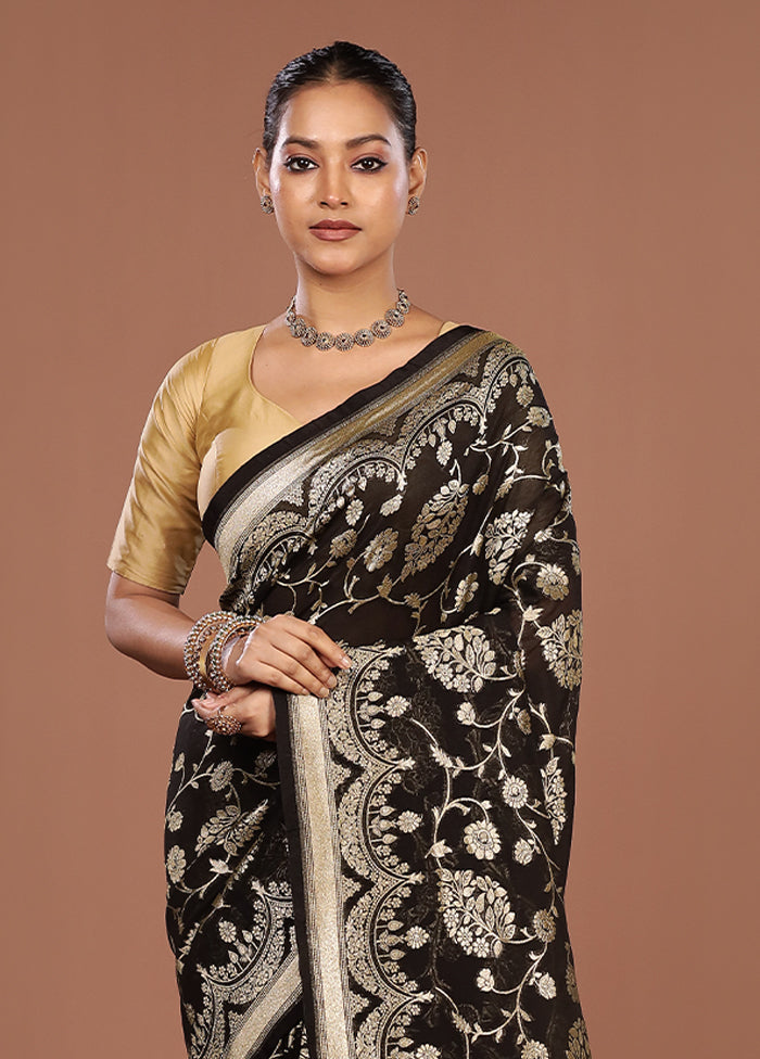 Black Handloom Pure Georgette Saree With Blouse Piece