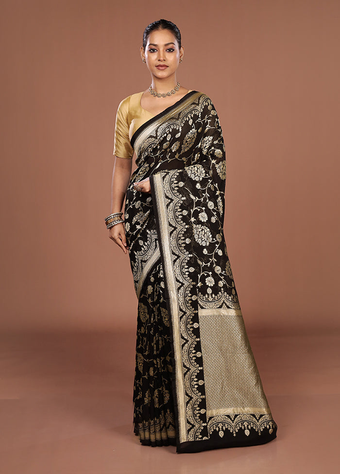 Black Handloom Pure Georgette Saree With Blouse Piece
