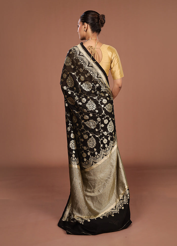 Black Handloom Pure Georgette Saree With Blouse Piece