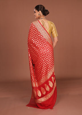Red Handloom Pure Georgette Saree With Blouse Piece