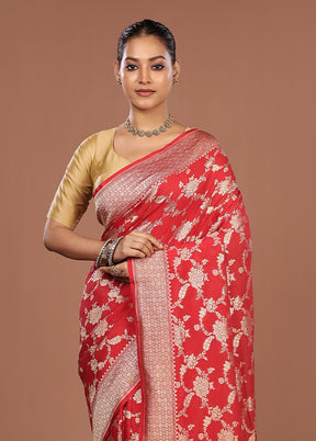 Red Handloom Pure Georgette Saree With Blouse Piece