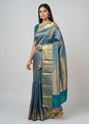 Blue Handloom Kanchipuram Pure Silk Saree With Blouse Piece