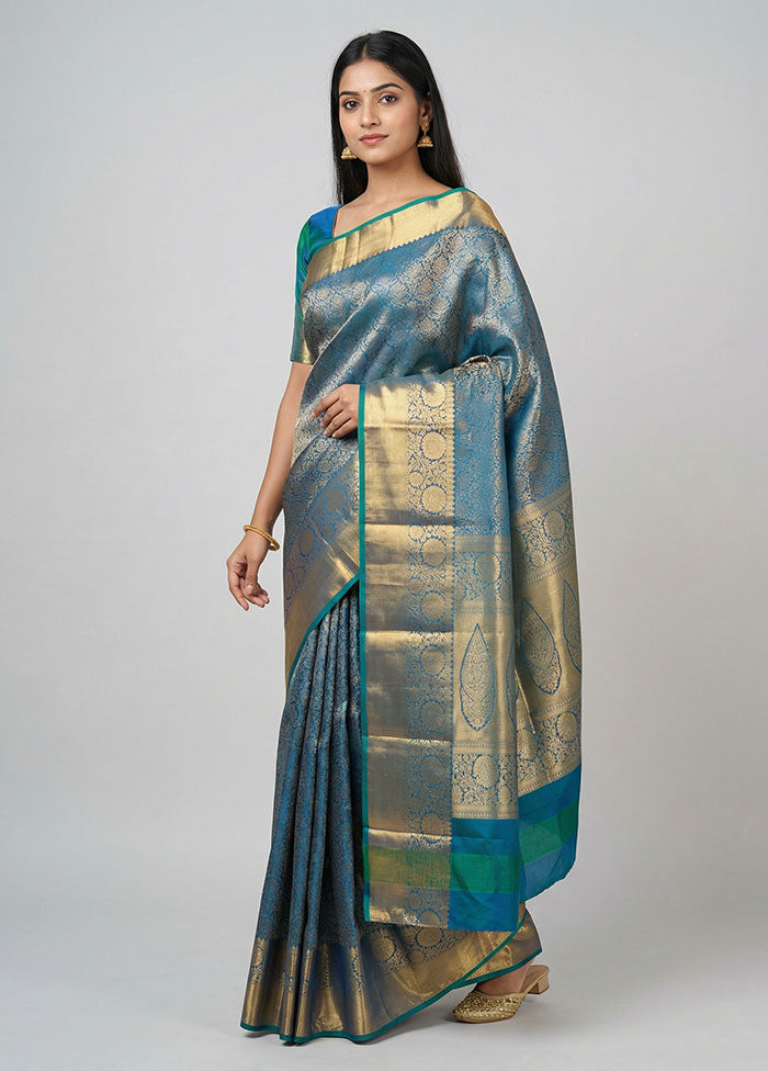 Blue Handloom Kanchipuram Pure Silk Saree With Blouse Piece