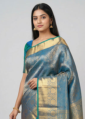 Blue Handloom Kanchipuram Pure Silk Saree With Blouse Piece