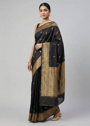 Black Handloom Katan Pure Silk Saree With Blouse Piece