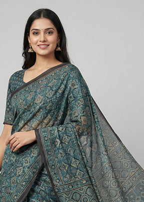 Blue Printed Pure Silk Saree Without Blouse Piece
