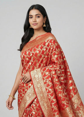 Red Handloom Banarasi Pure Silk Saree With Blouse Piece