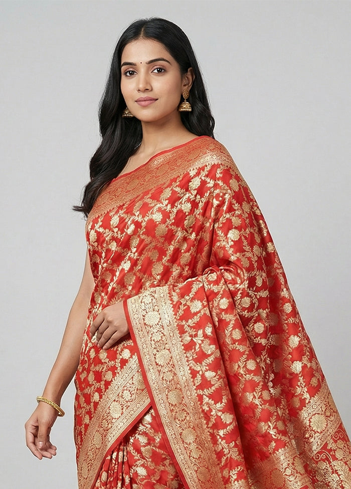Red Handloom Banarasi Pure Silk Saree With Blouse Piece
