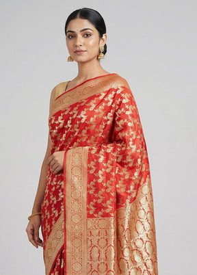 Red Handloom Banarasi Pure Silk Saree With Blouse Piece